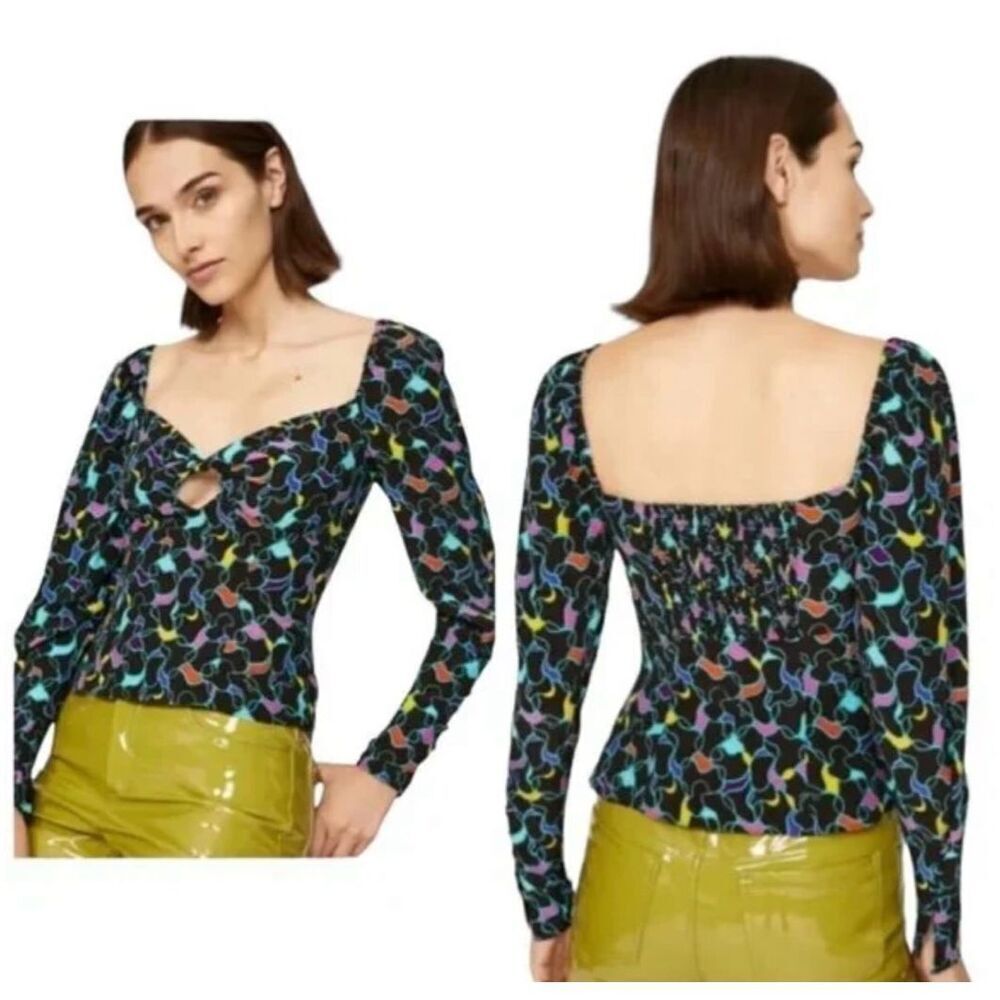 Staud Josephine Black Colorful Logo Print Side Zip Sweetheart Neck Top Blouse 4